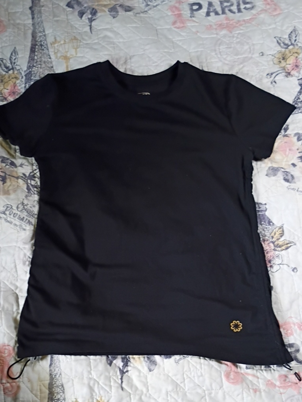 Pro Player Black Short Sleeve Ruched Drawstring Tee with Gold Emblem